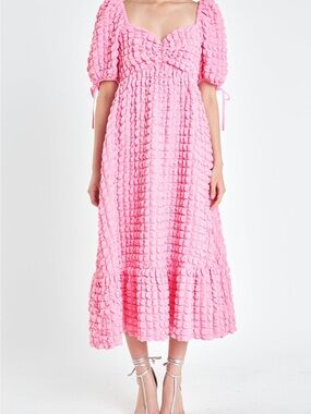 NWT Endless Rose Textured Puff Sleeve Midi Dress – Pink, Size XS
